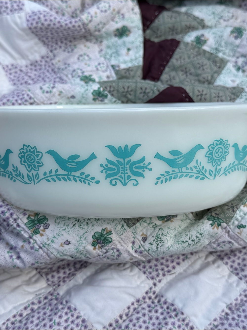 Pyrex Vintage Milk Glass Casserole Dish with Teal Bird & Floral Border